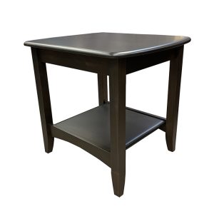 Dark wood end table with bottom shelf.