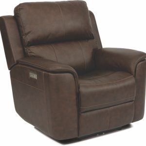 Brown leather recliner chair with cushioned backrest.