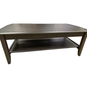 Wooden coffee table with shelf and dark finish.