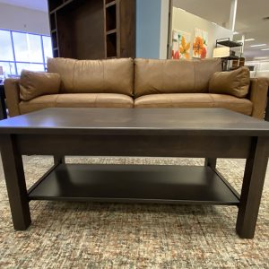 Brown leather sofa with modern coffee table