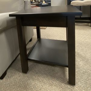 Dark wood side table with lower shelf.