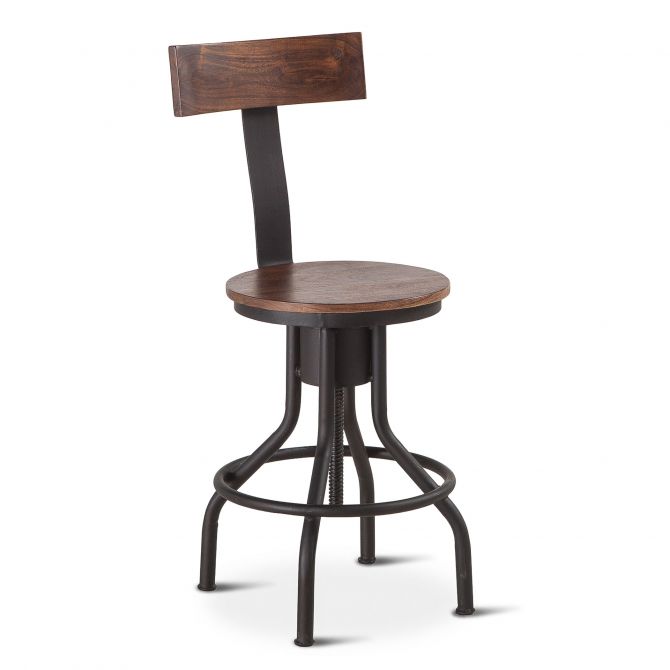 Industrial-style wooden bar stool with metal legs.