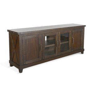 Rustic wooden sideboard with glass panel doors.