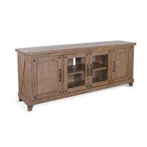 Wooden sideboard with glass doors and shelves.