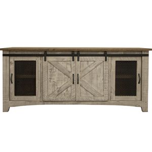 Rustic wooden TV stand with sliding doors.