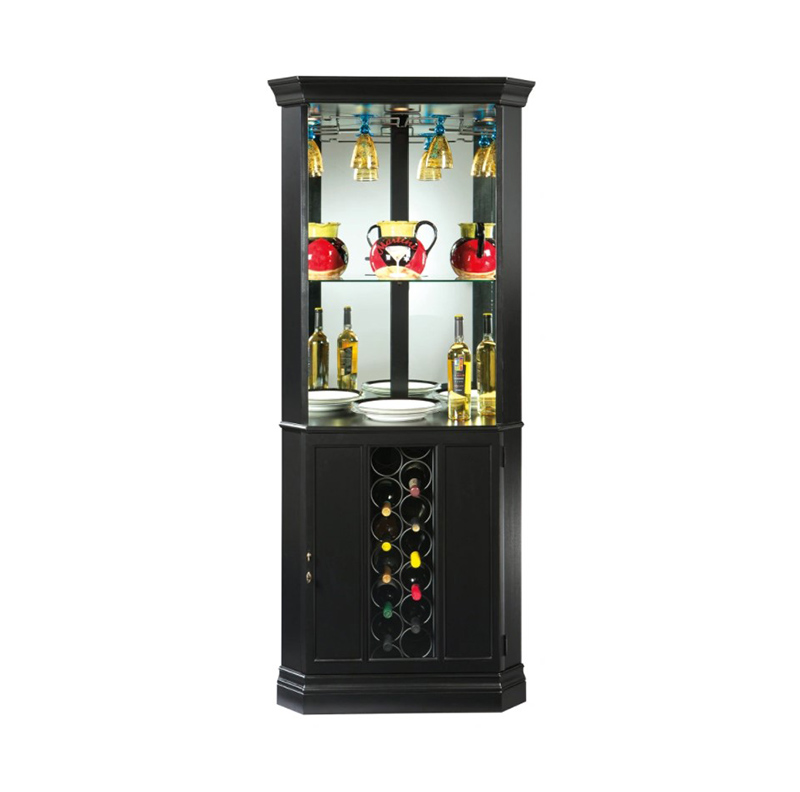 Black corner wine cabinet with glass shelves.