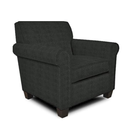 Dark gray upholstered armchair with wooden legs.