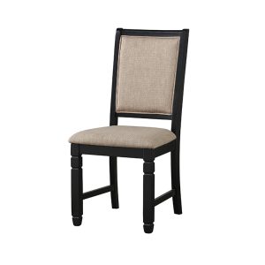 Black frame chair with beige cushioned seat
