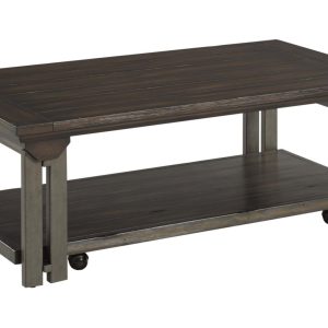Rustic wooden coffee table with lower shelf.