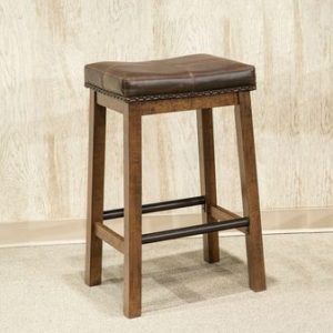 Wood bar stool with brown leather seat