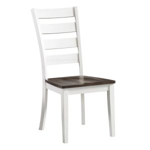 Modern white wooden chair with dark seat.