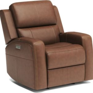 Brown leather recliner chair with stitching details.