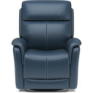 Blue leather reclining chair with cushioned armrests.