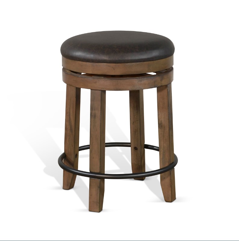 Wooden bar stool with cushioned seat and footrest.