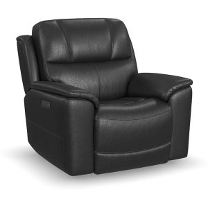 Black leather recliner chair with padded armrests