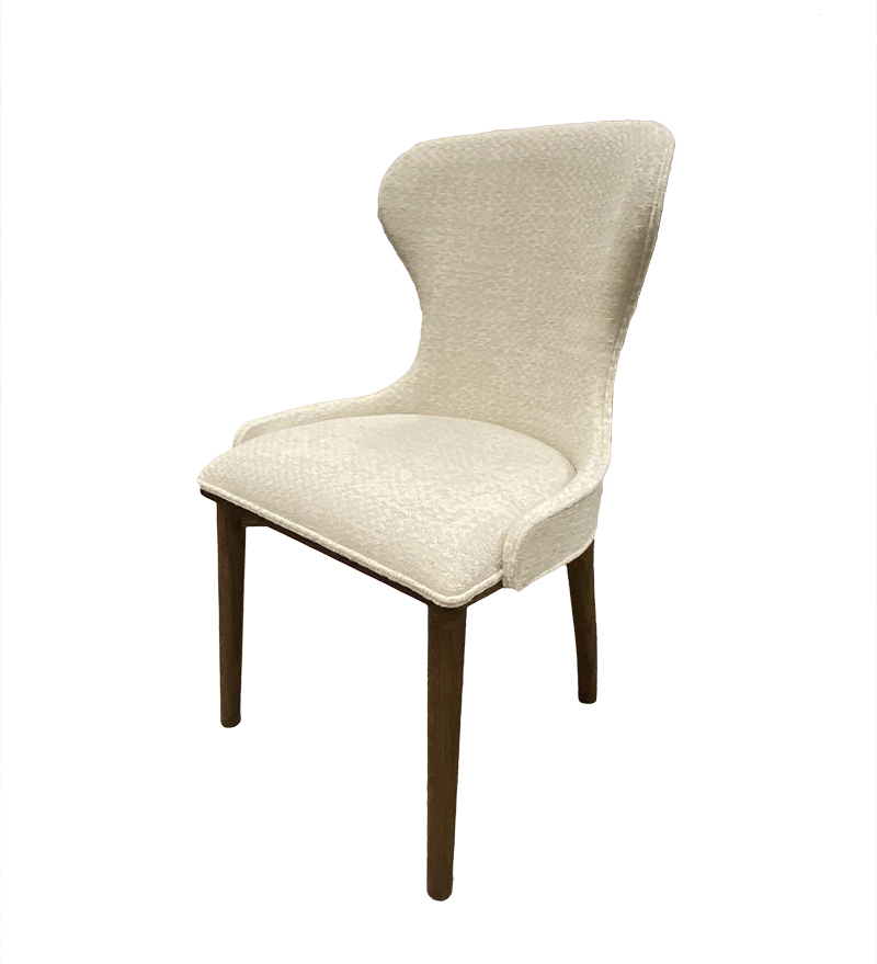 Modern beige upholstered chair with wooden legs.