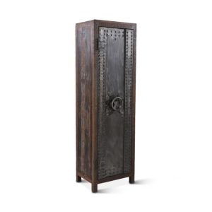 Tall industrial metal and wood cabinet with door.