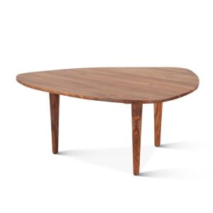 Triangular wooden table with three legs.
