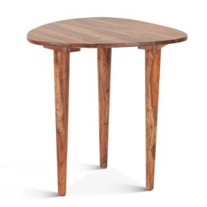Wooden triangle side table with three legs.