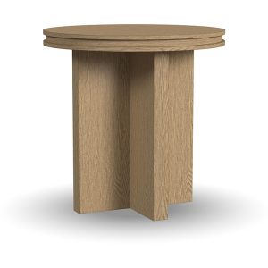 Round wooden side table with cross-base design.