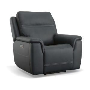 Gray leather recliner chair, modern design, comfortable seating.