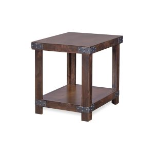 Dark wood end table with metal accents.