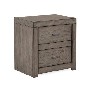 Two-drawer wooden nightstand in rustic finish.