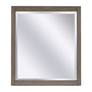 Wood-framed rectangular mirror on white background.