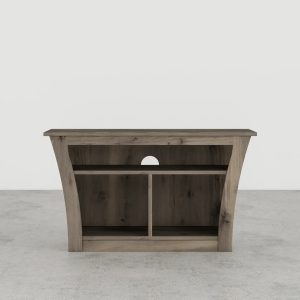 Wooden TV stand with open shelves, rustic design.