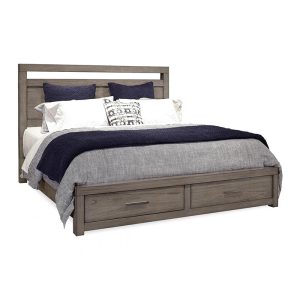 Modern bed with wooden frame and storage drawers.