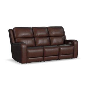 Brown leather reclining sofa with three seats.