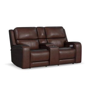 Brown leather reclining loveseat with cup holders