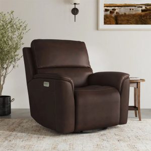 Dark brown leather recliner chair in modern living room.