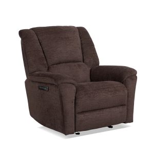 Cozy brown fabric recliner chair with armrests.