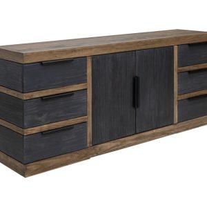 Modern wooden dresser with dark drawers and doors.
