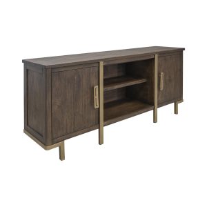 Wooden sideboard with metal accents and shelves.