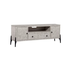 Gray wooden TV stand with storage compartments