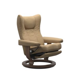 Modern beige recliner chair with wooden base