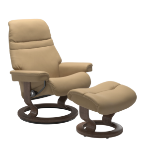 Beige recliner and ottoman with wooden base