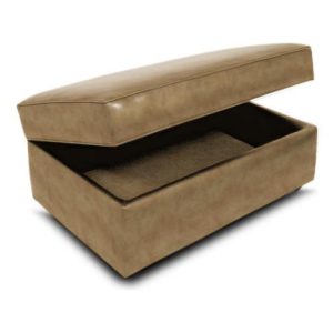 Brown leather storage bench with open lid