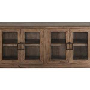 Rustic wooden cabinet with glass doors.