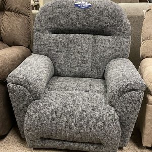 Gray fabric recliner chair with power headrest.