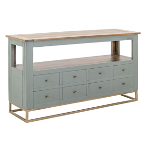 Gray wooden sideboard with six drawers and shelf