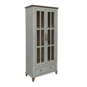 Tall wooden cabinet with glass doors and drawer.