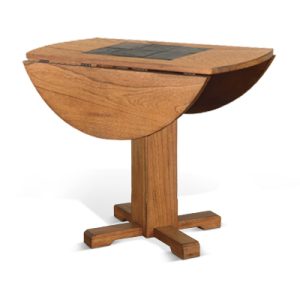 Wooden drop-leaf table with central pedestal base.
