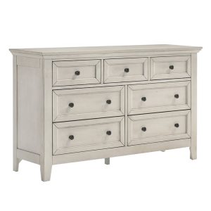 White wooden dresser with seven drawers.