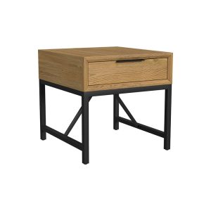 Wooden side table with black metal legs.