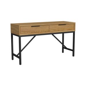 Wooden console table with metal legs and drawers.