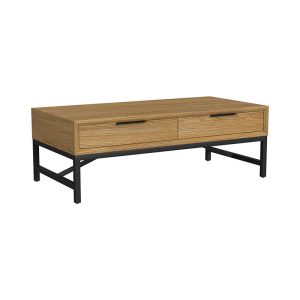 Wooden coffee table with metal legs and drawers
