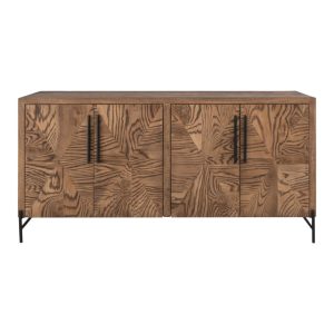 Wooden sideboard with geometric pattern and metal legs.